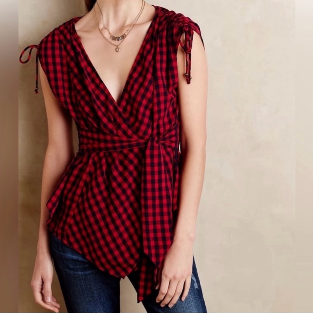 Anthropologie HOLDING HORSES Red and Black Plaid Wrap Blouse Women's size 6